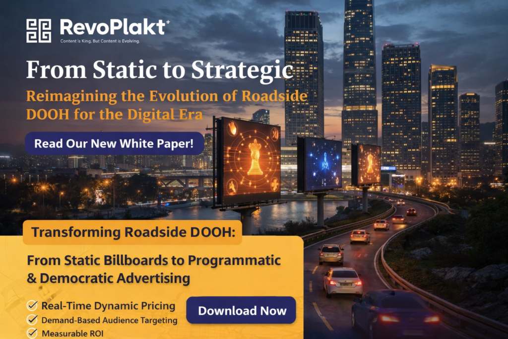 Digital out-of-home advertising (DOOH) billboards on a city highway promoting a white paper on programmatic DOOH, dynamic pricing, audience targeting, and measurable ROI in modern outdoor advertising.